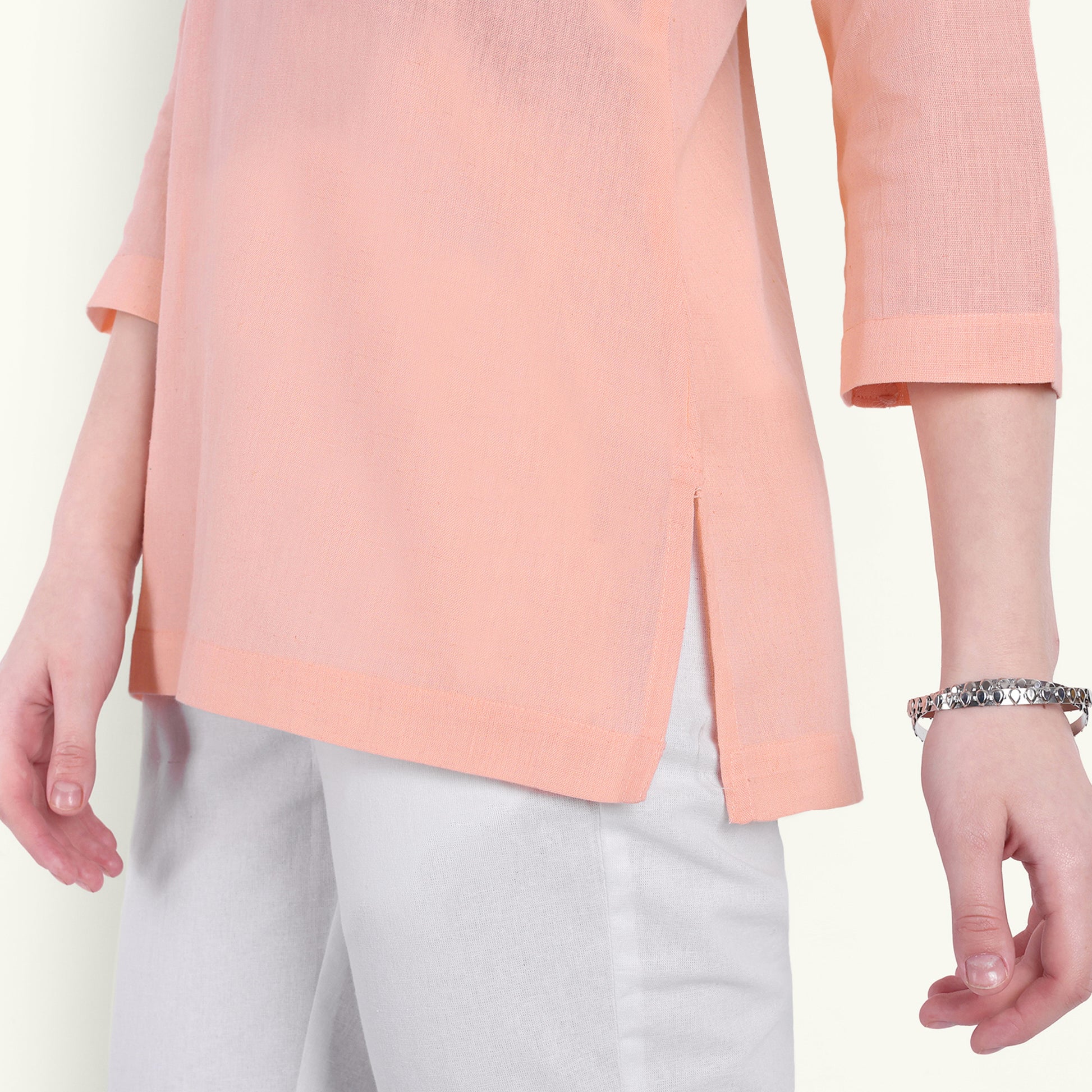 Naariy Peach Airy Linen Short Kurti Stylish Look