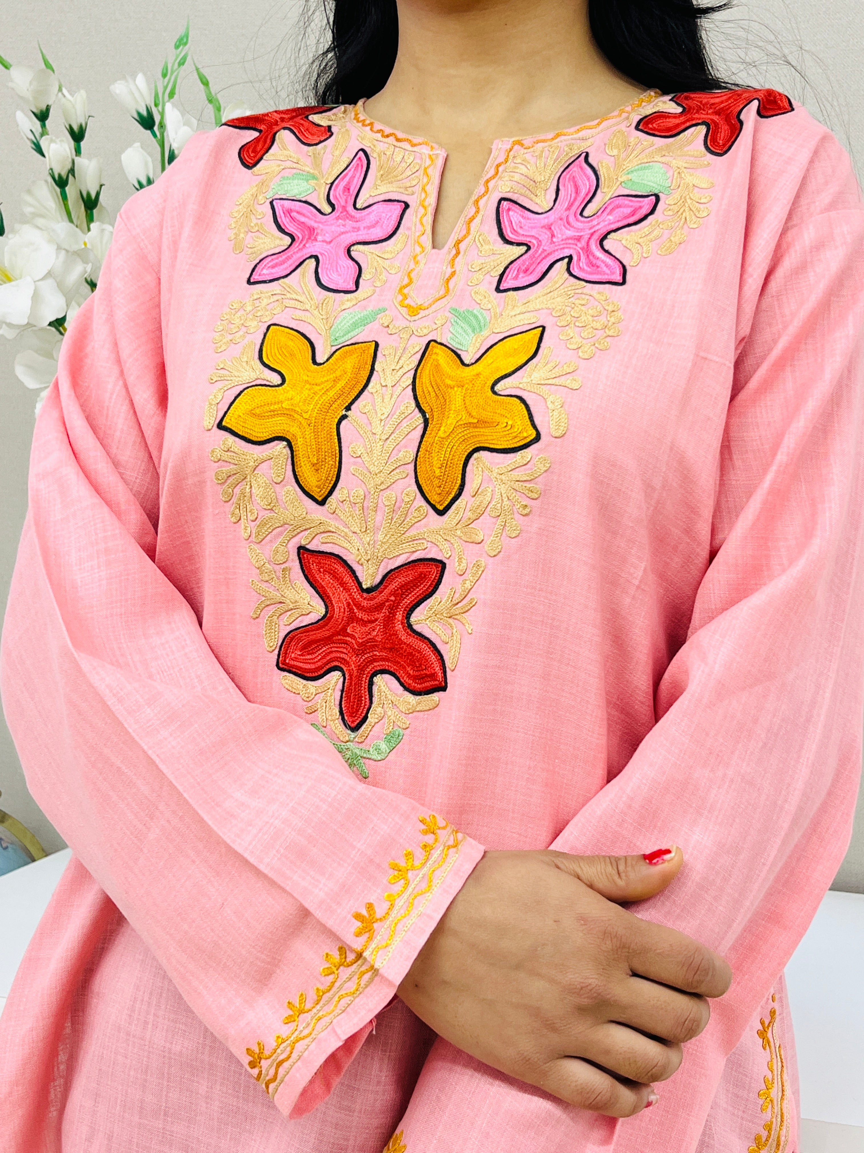 Naariy Peach Embroidered Cotton Straight Kurti For Women