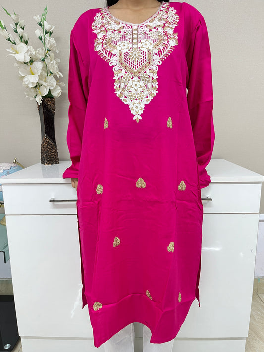 Naariy Pink With White Embroidered Thread Work Cotton Straight Kurti