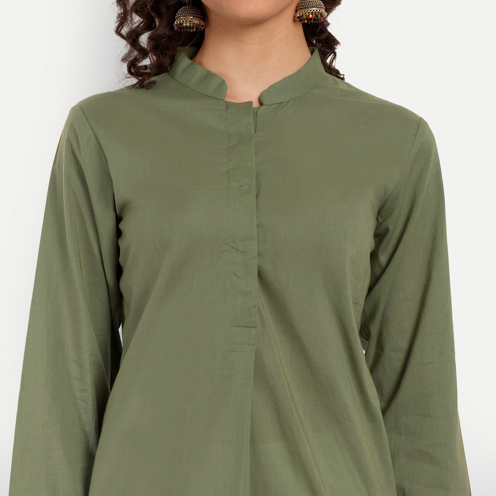 Naariy Pista Green Solid Straight Cotton Tunic For Women