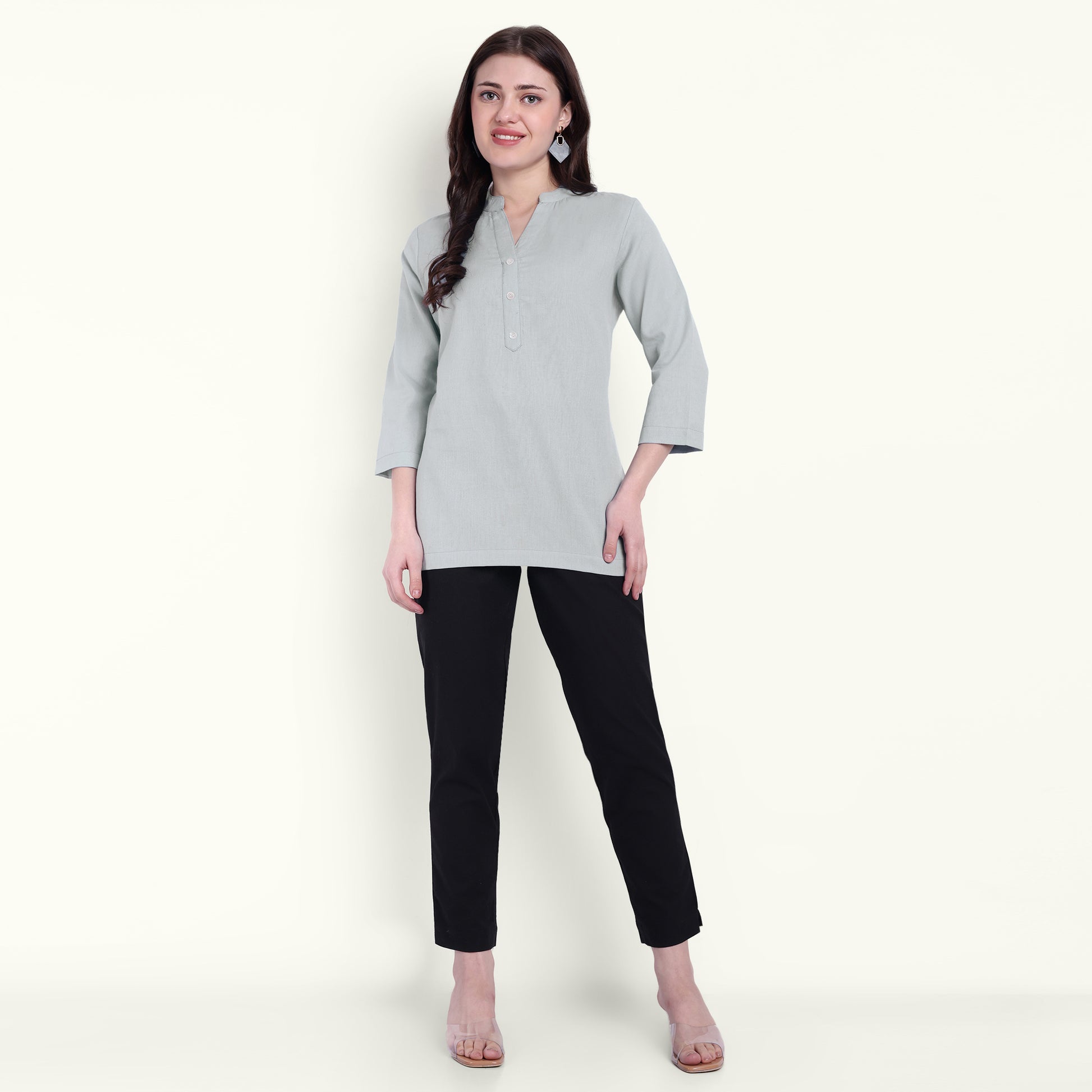 Naariy Sky Blue Airy Linen Short Kurti For Women