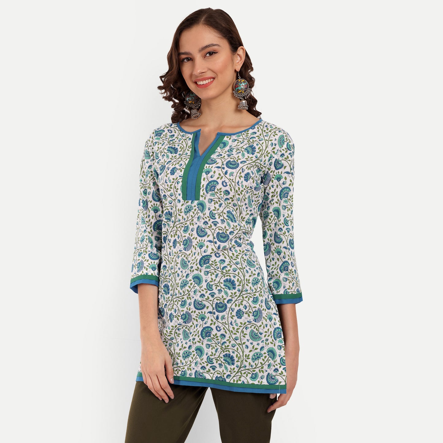 Naariy White and Blue Floral Printed Straight Cotton Tunic Stylish Look For Women