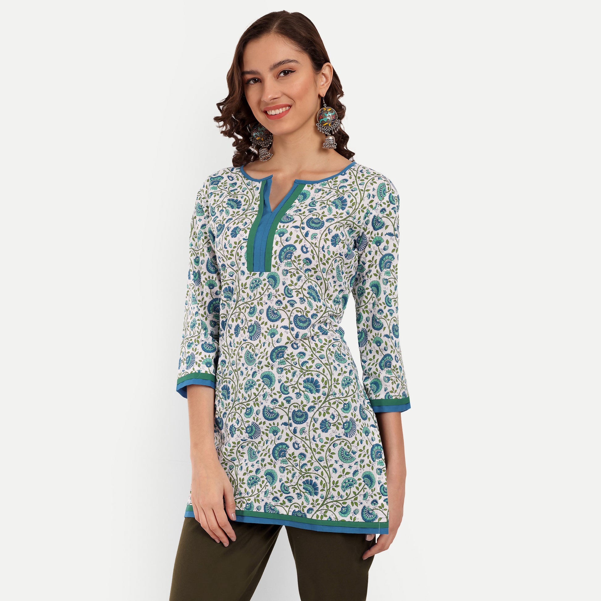 Naariy White and Blue Floral Printed Straight Cotton Tunic Stylish Look For Women