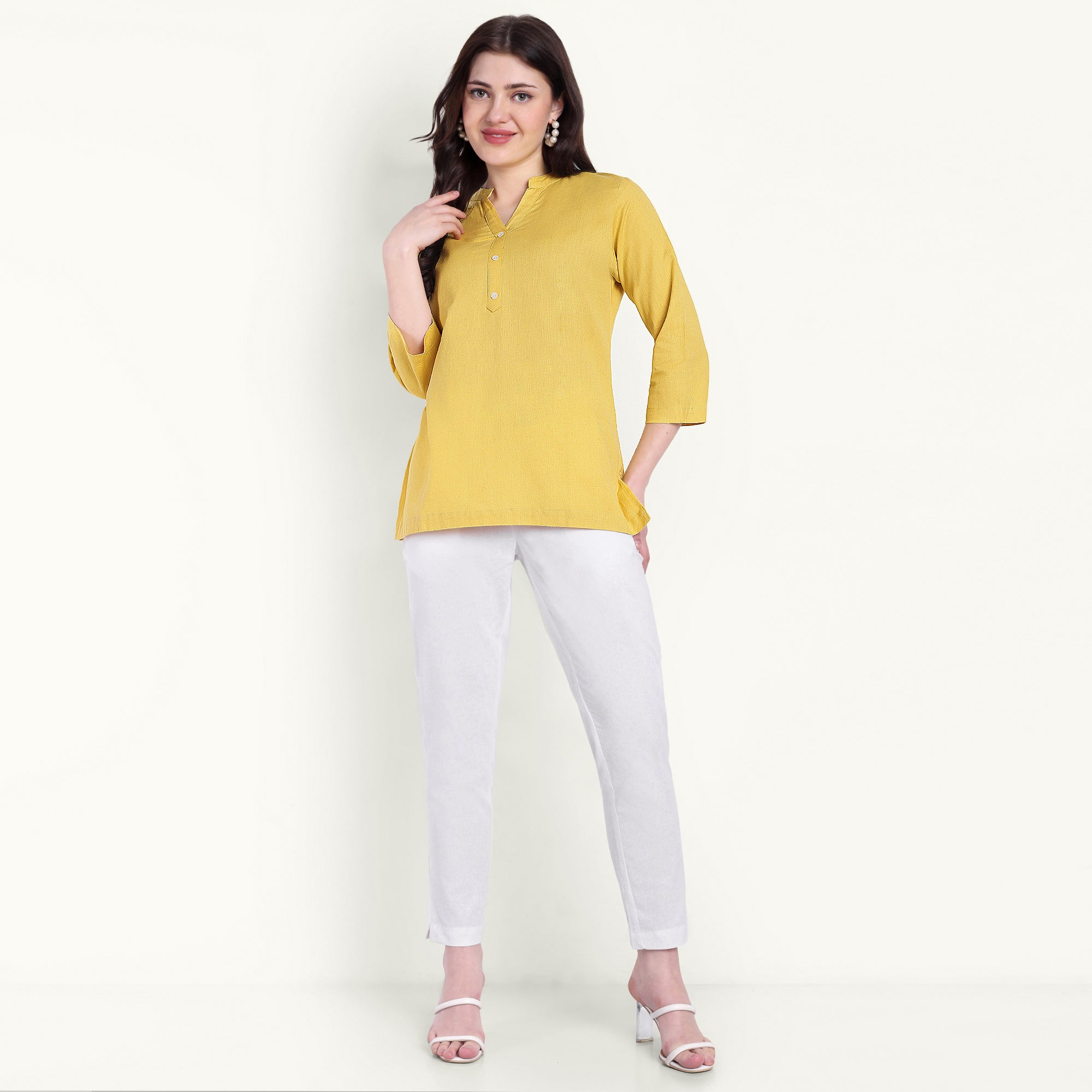 Naariy Yellow Airy Linen Short Kurti For Women