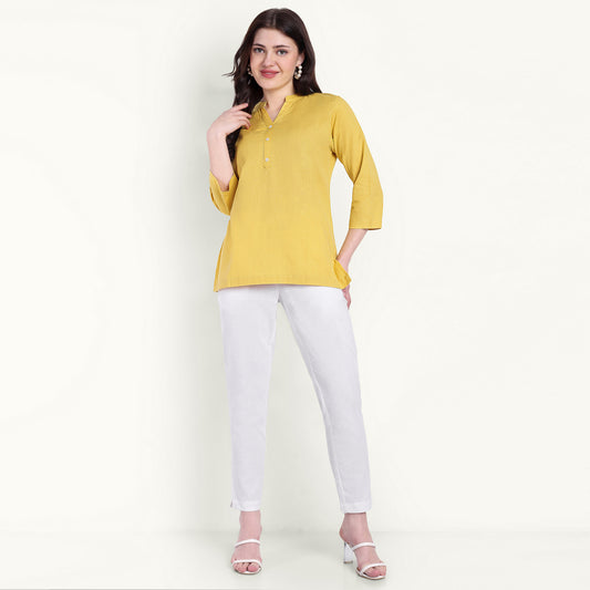 Naariy Yellow Airy Linen Short Kurti For Women