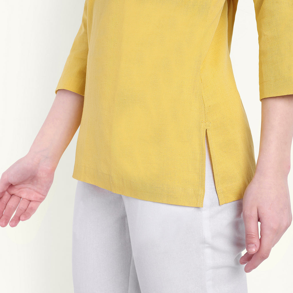 Naariy Yellow Airy Linen Short Kurti Stylish Look