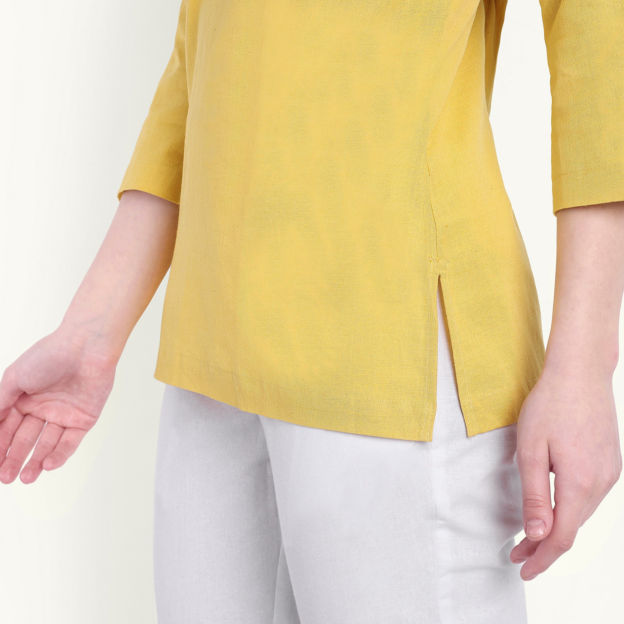 Naariy Yellow Airy Linen Short Kurti Stylish Look