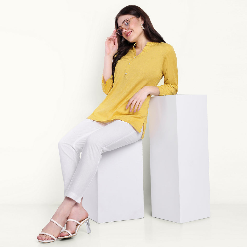 Naariy Yellow Airy Linen Short Kurti Stylish Look With Comfort