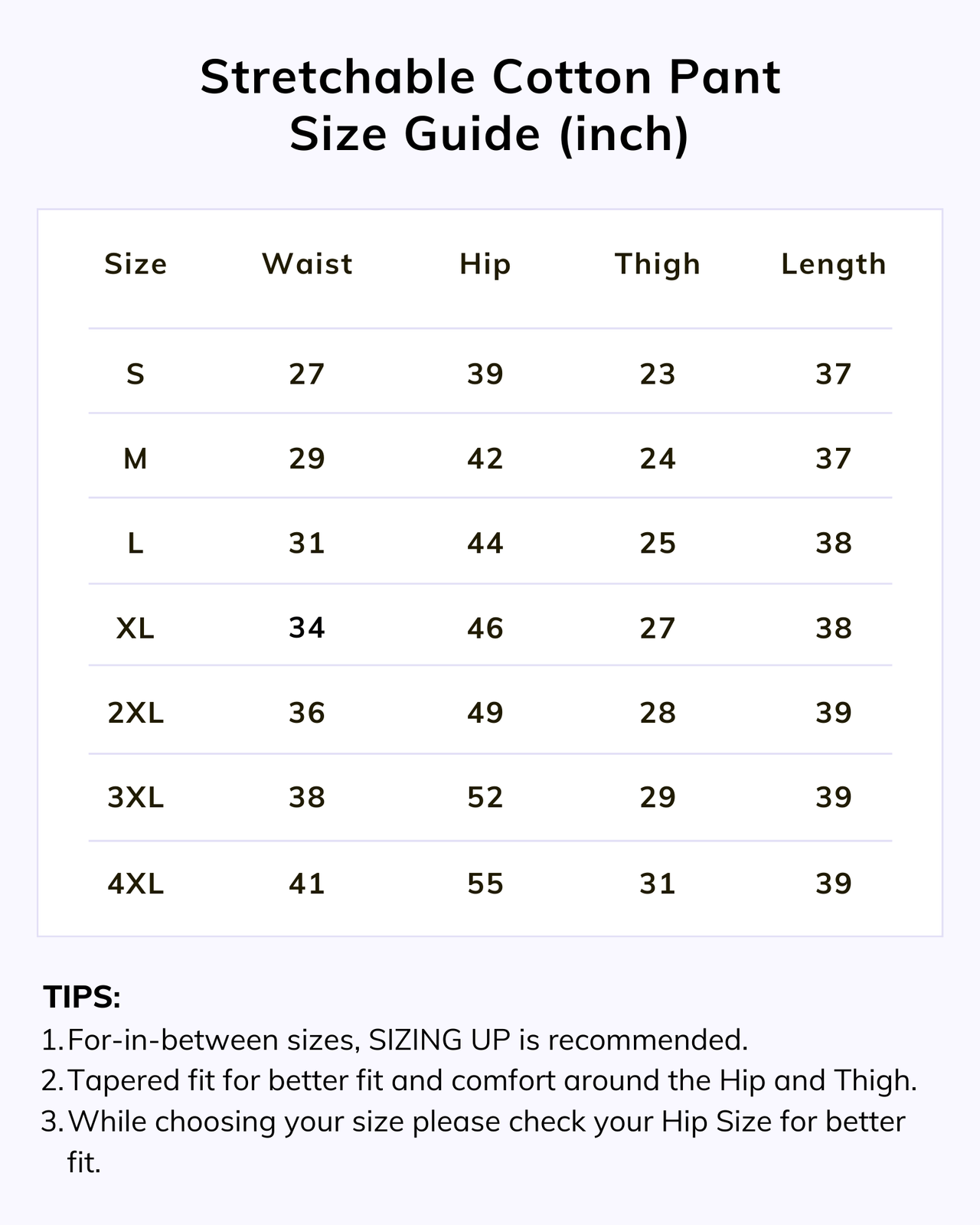 Naariy stretchable pants size chart