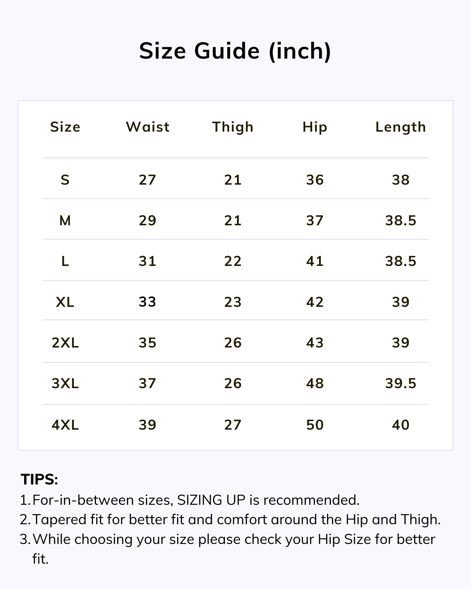 Naariy stretchable pants size chart