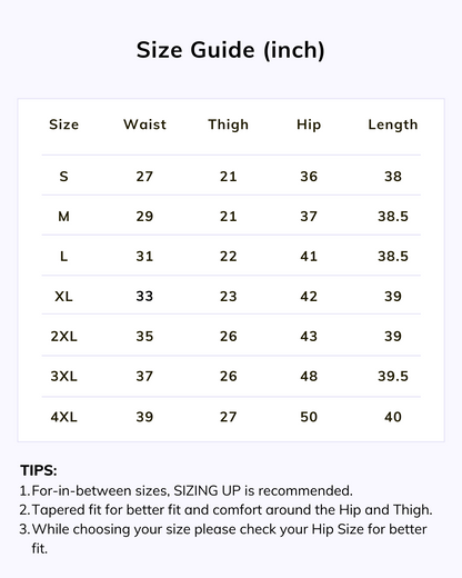 Naariy stretchable pants size chart