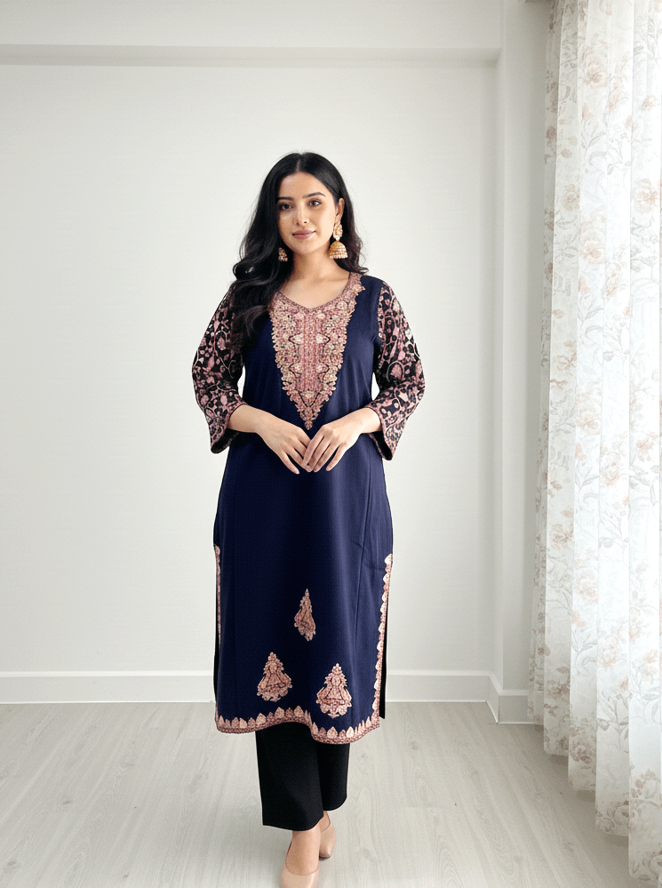 Navy Blue Aari–Tilla Embroidered Kashmiri Pheran