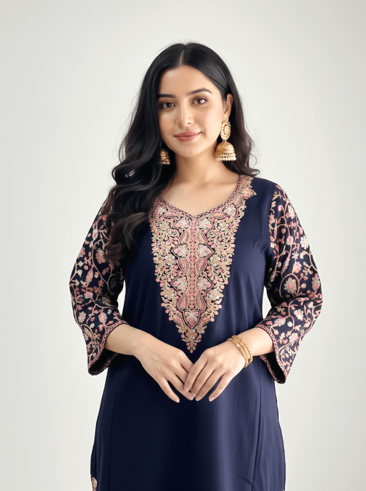 Navy Blue Aari–Tilla Embroidered Kashmiri Pheran