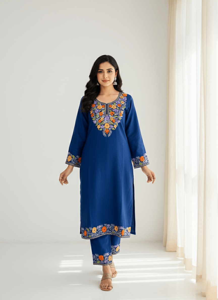 Navy Blue Aari Embroidered Kashmiri Co-ord set