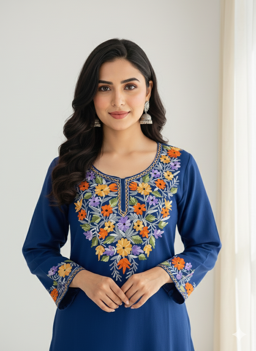 Navy Blue Aari Embroidered Kashmiri Co-ord set