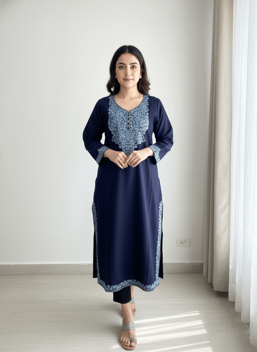 Navy Blue Floral Aari Embroidered Kashmiri Pheran