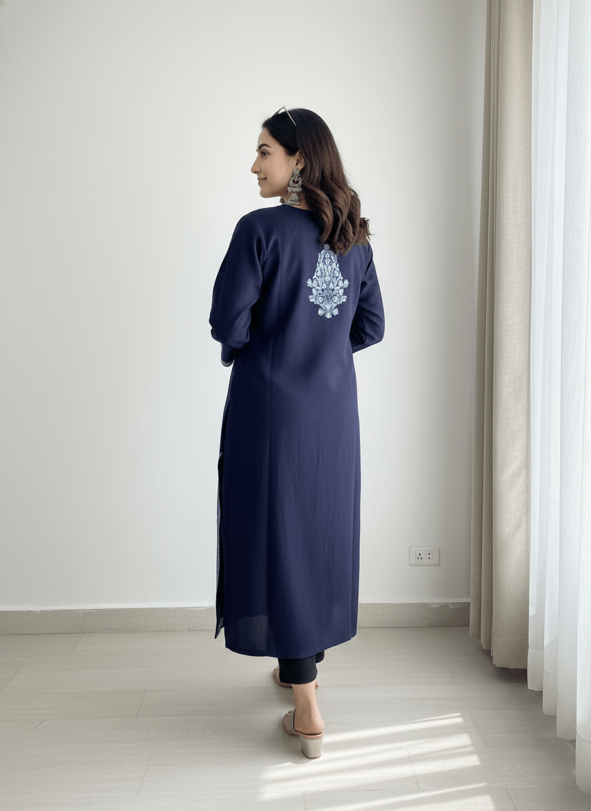 Navy Blue Floral Aari Embroidered Kashmiri Pheran