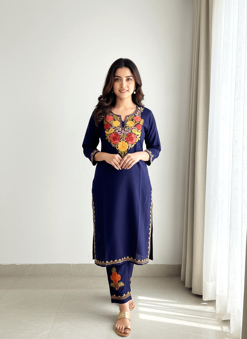 Navy Blue Aari Embroidered Kashmiri Woolen Coord Set