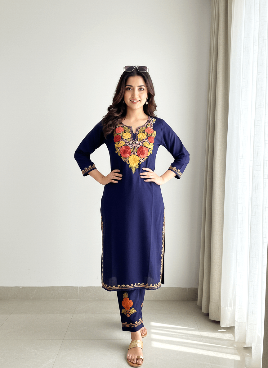 Navy Blue Aari Embroidered Kashmiri Woolen Coord Set