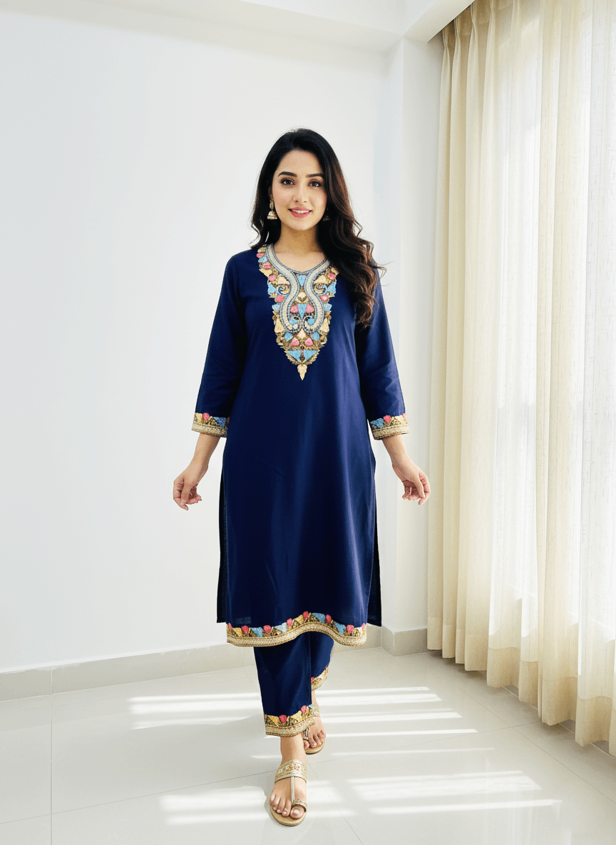 Navy Blue Aari and Tilla Embroidered Kashmiri Co-ord set