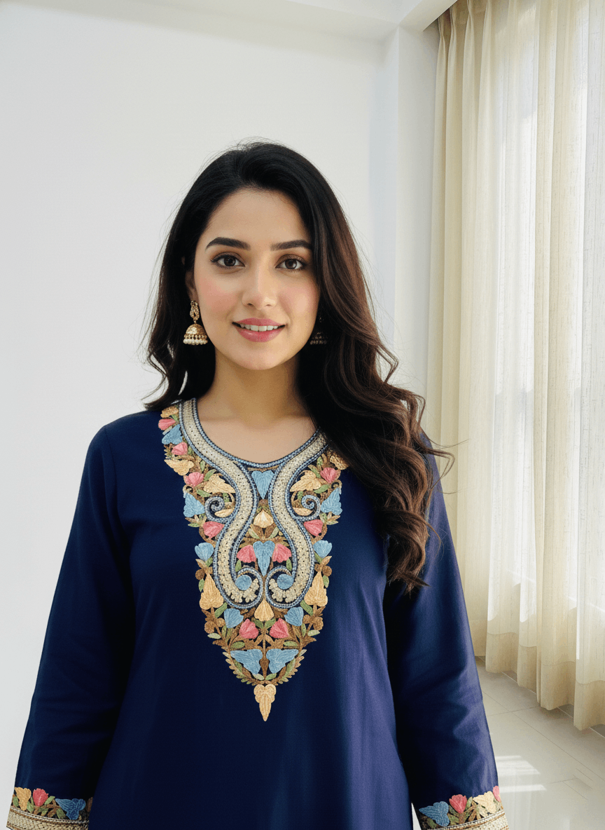Navy Blue Aari and Tilla Embroidered Kashmiri Co-ord set