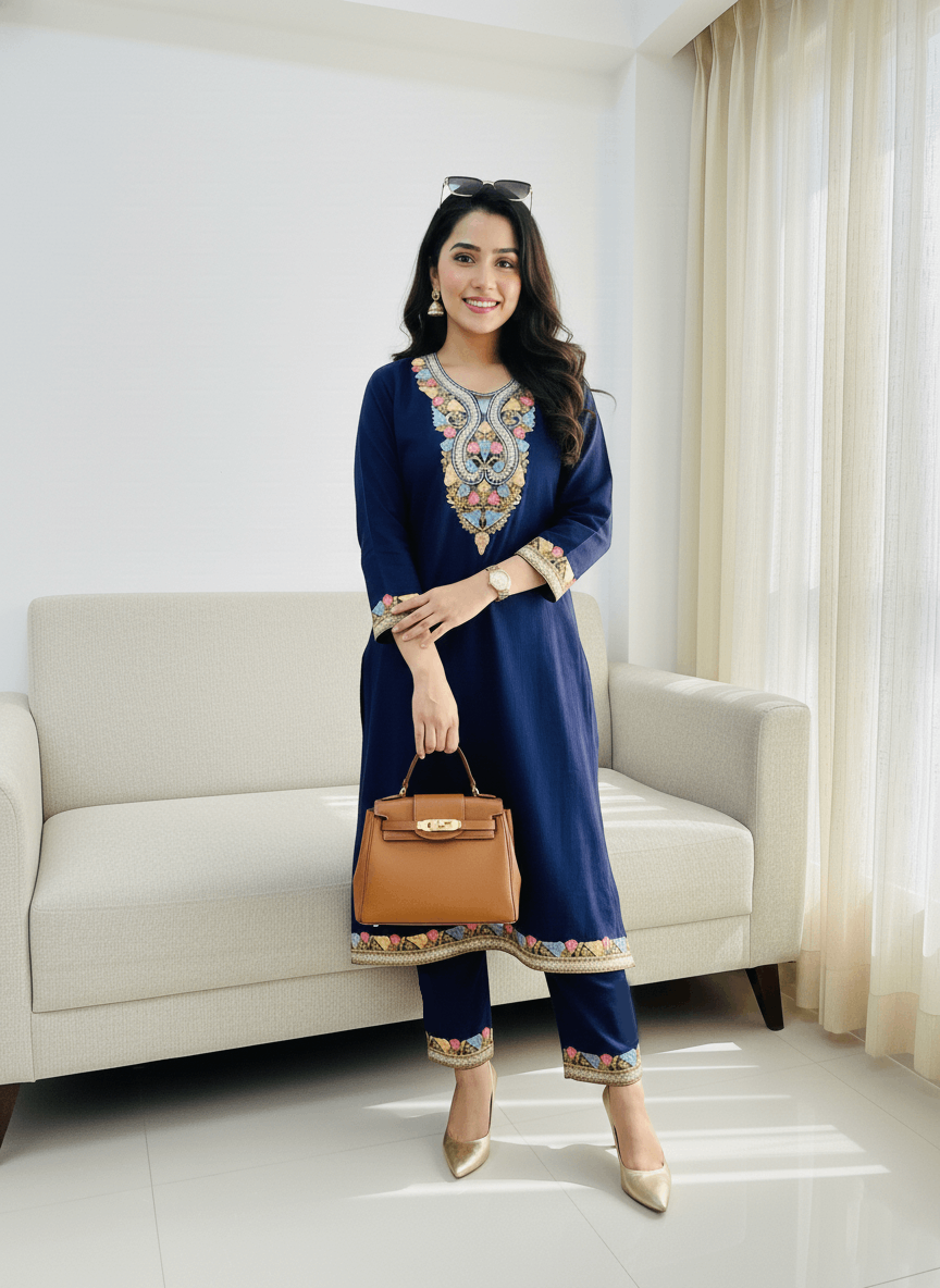 Navy Blue Aari and Tilla Embroidered Kashmiri Co-ord set