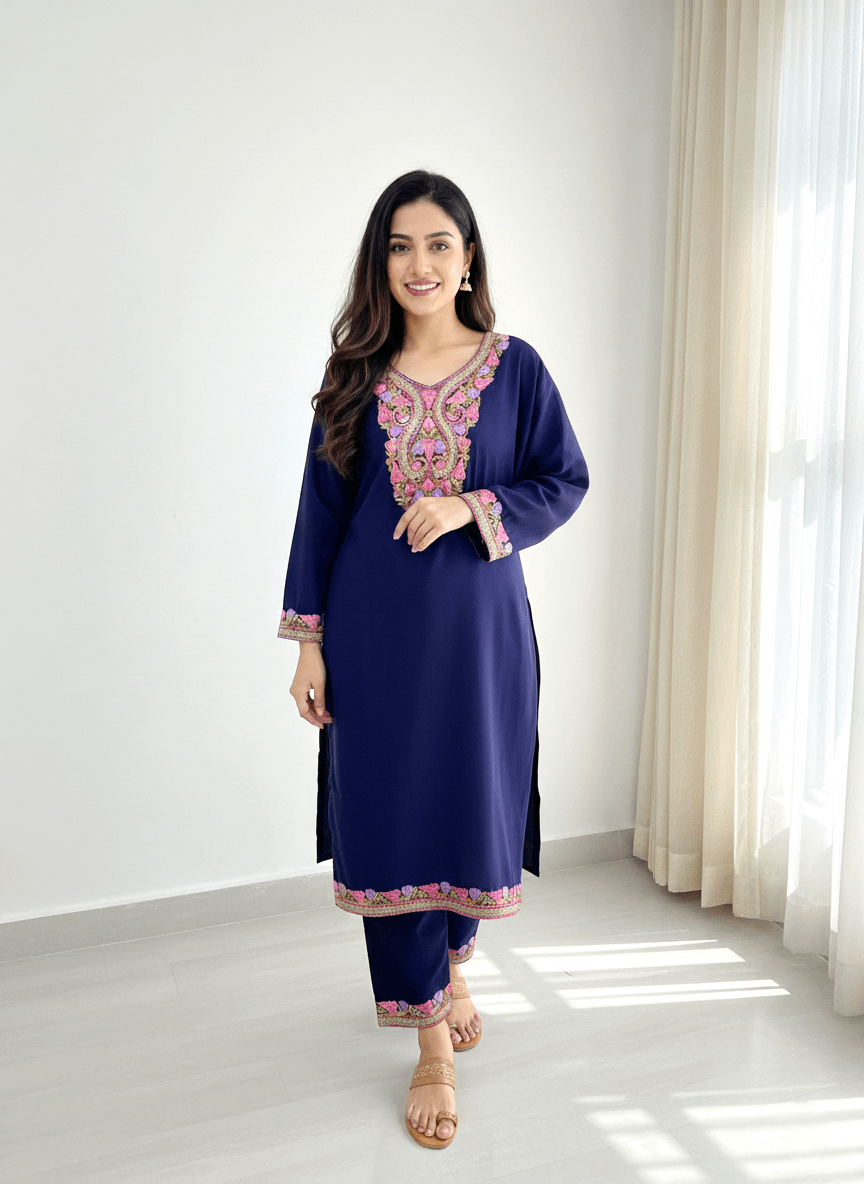 Navy Blue & Purple Aari and Tilla Embroidered Kashmiri Co-ord set