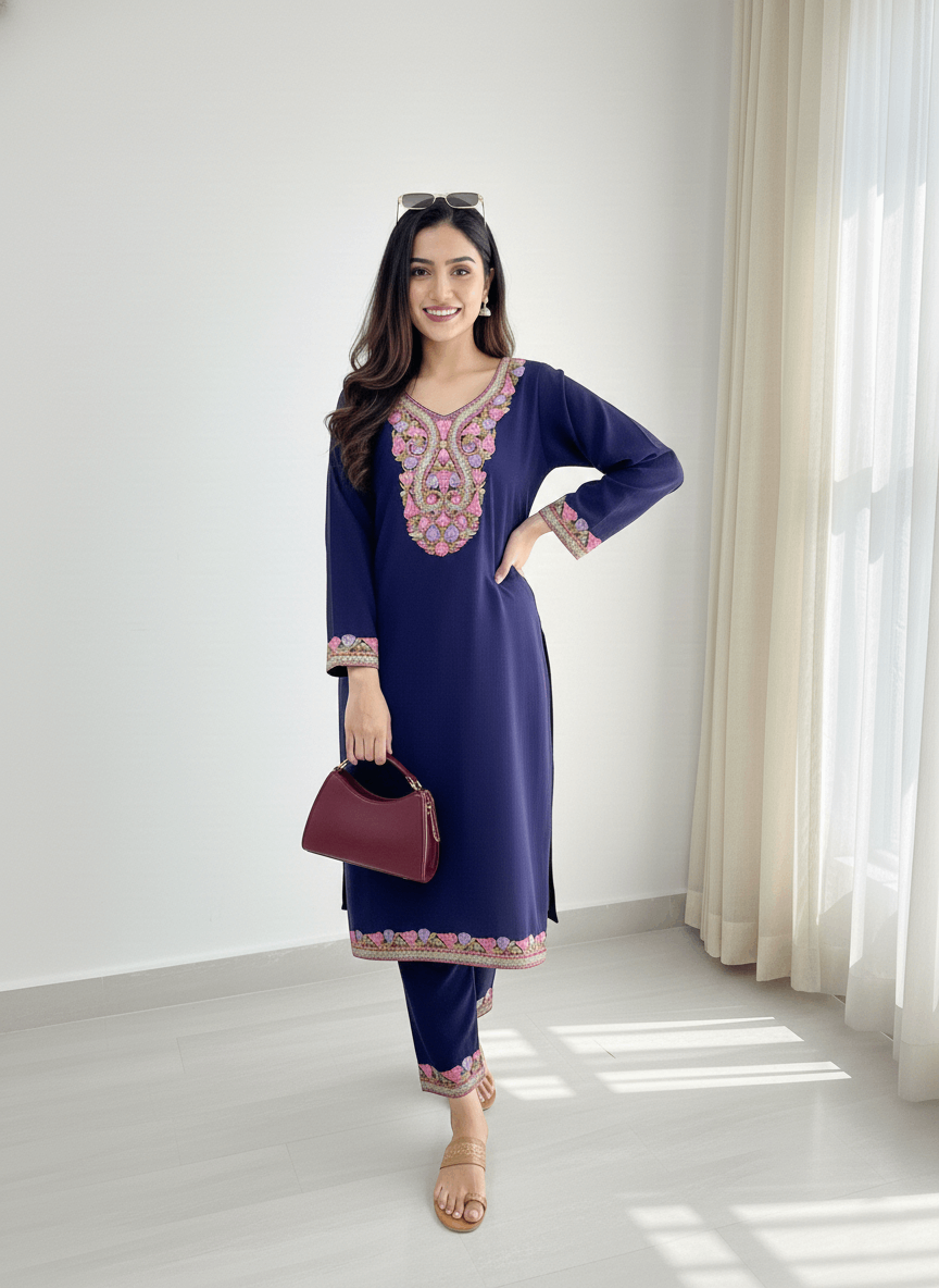 Navy Blue & Purple Aari and Tilla Embroidered Kashmiri Co-ord set
