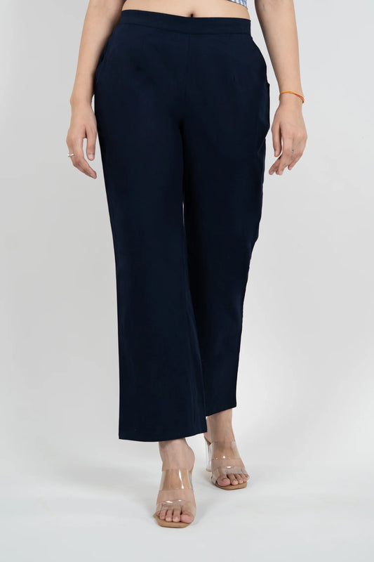 Navy Blue Women Wide Leg Cotton Pant