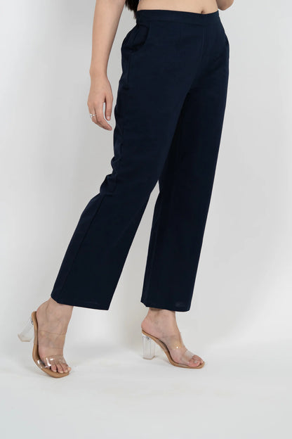 Navy Blue Women Wide Leg Cotton Pant