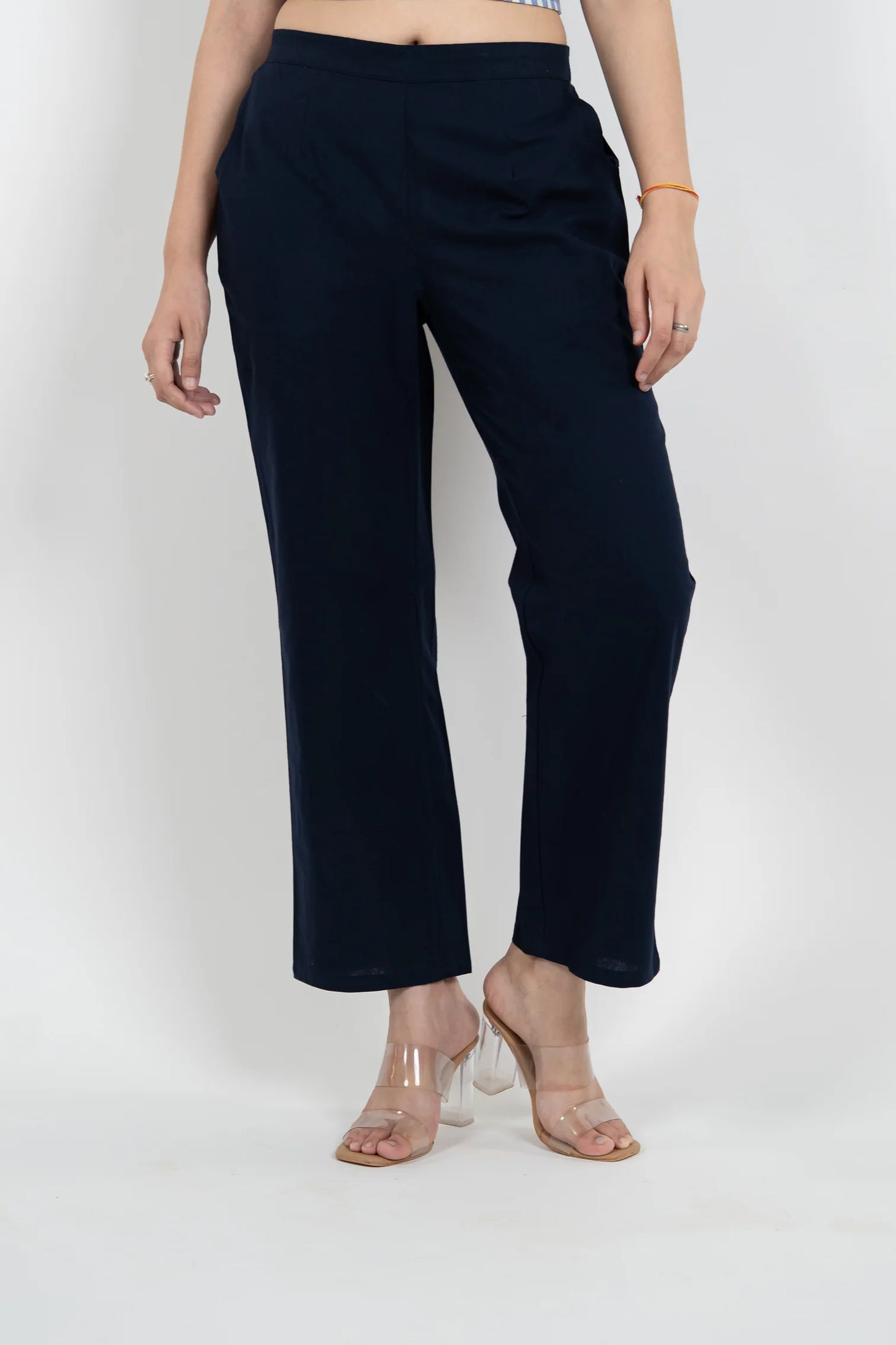 Navy Blue Women Wide Leg Cotton Pant