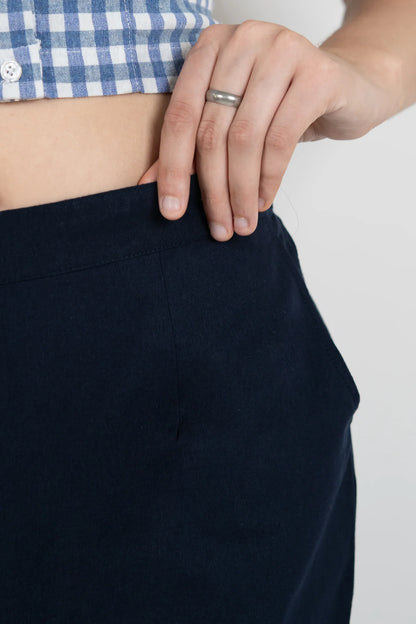 Navy Blue Women Wide Leg Cotton Pant