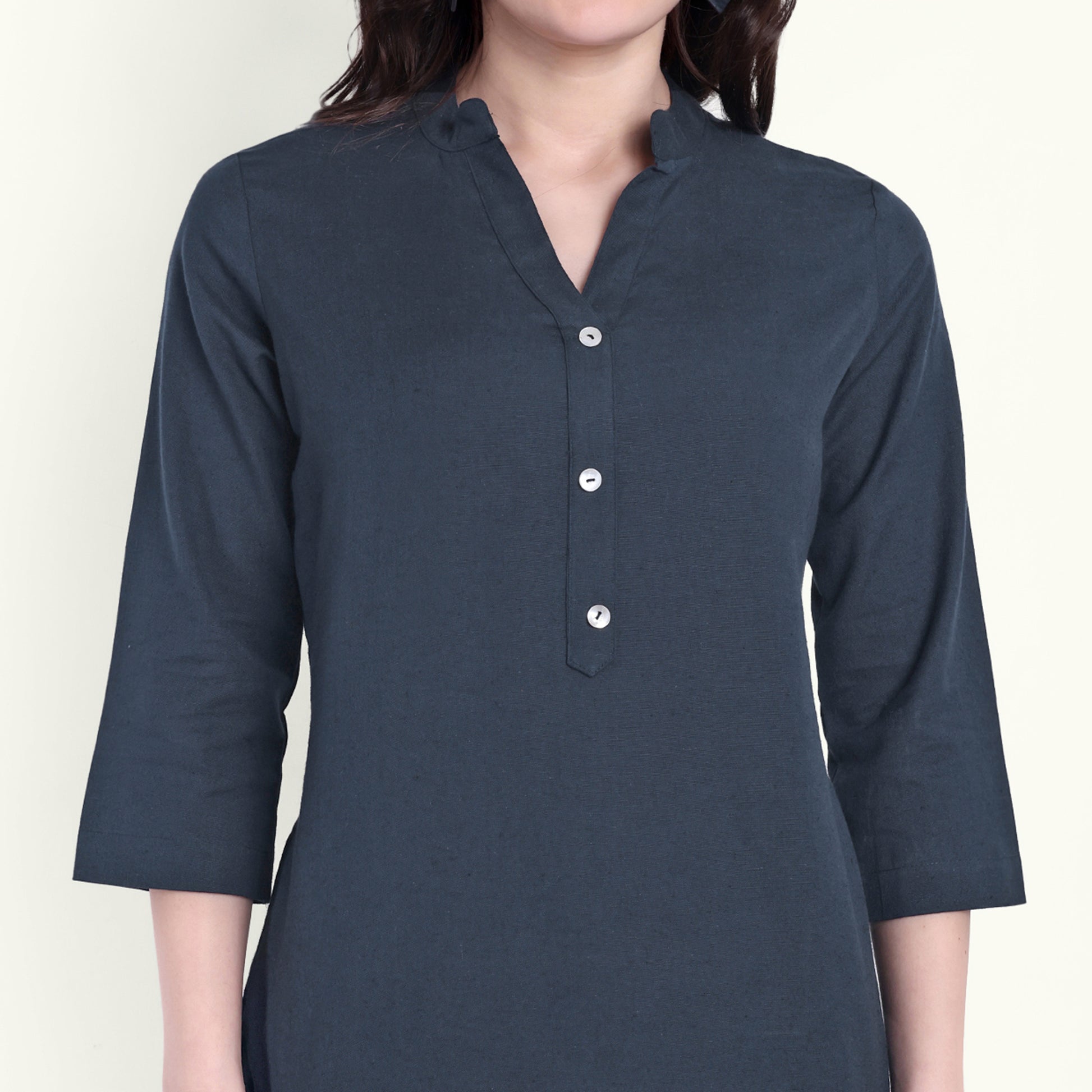 Navy Blue Airy Linen Short Kurti For Women 