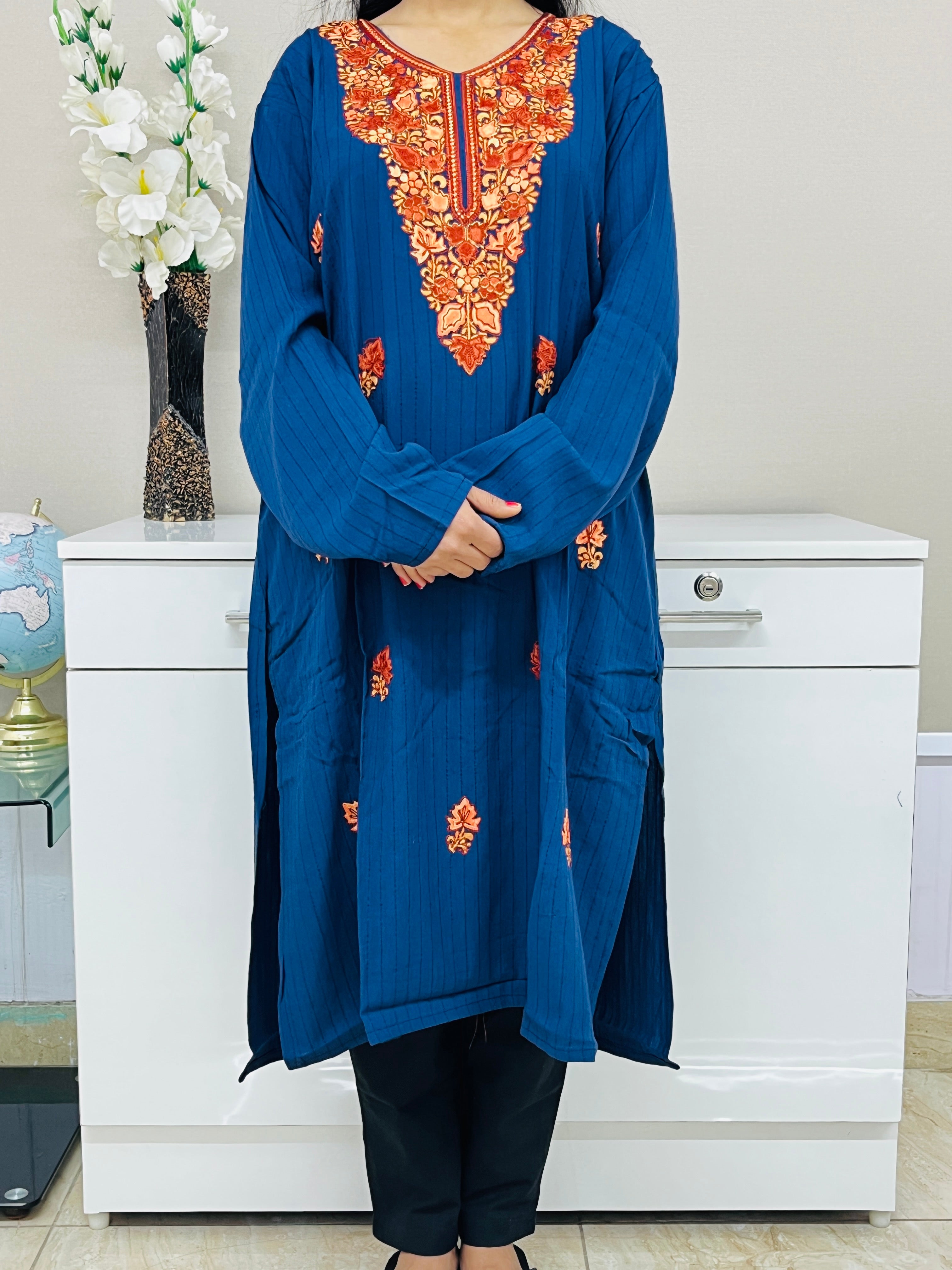 Navy Blue With Brown Cotton Straight Kurti 