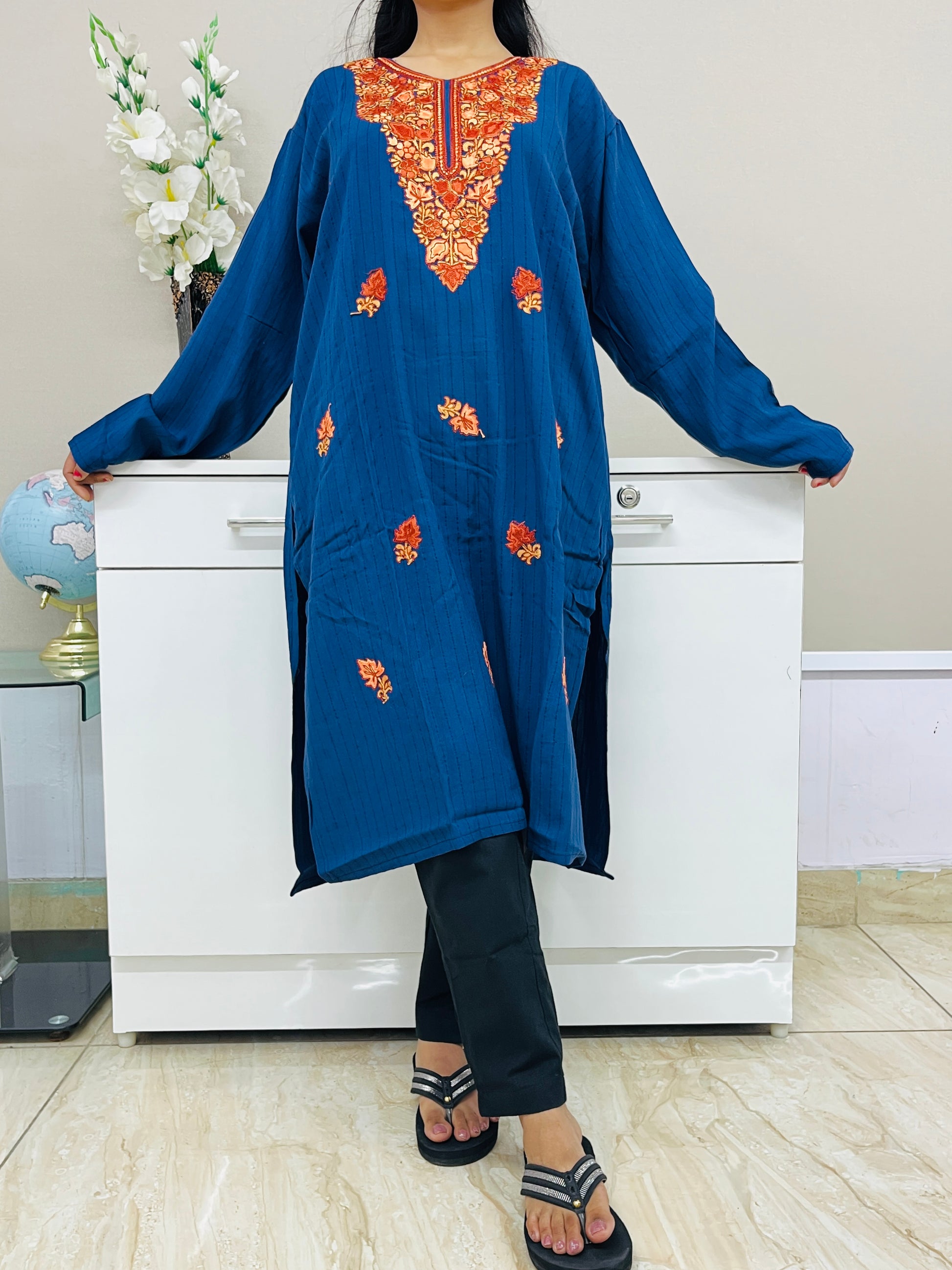  Navy Blue With Brown Embroidered Cotton Straight Kurti For Women