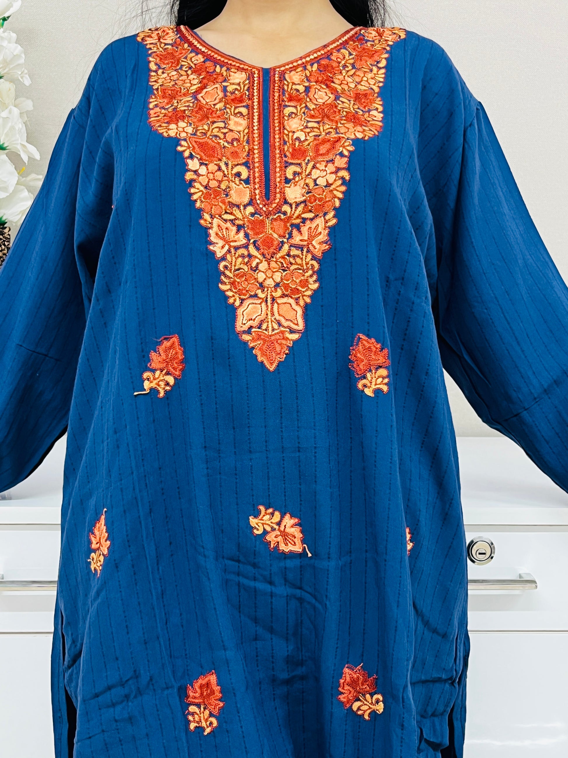  Navy Blue With Brown Thread Work Cotton Straight Kurti For Women