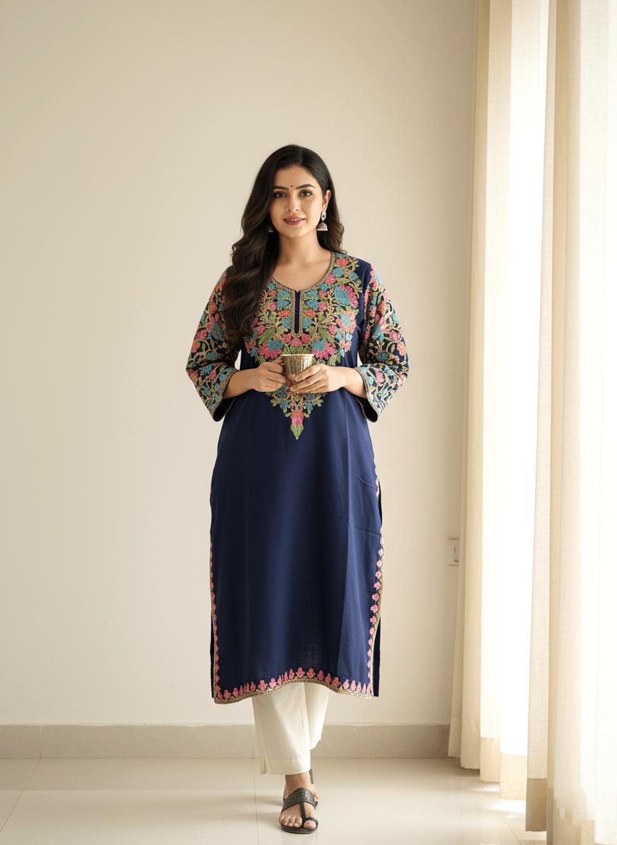 Navy Blue & Pink Floral Embroidered Kashmiri Pheran