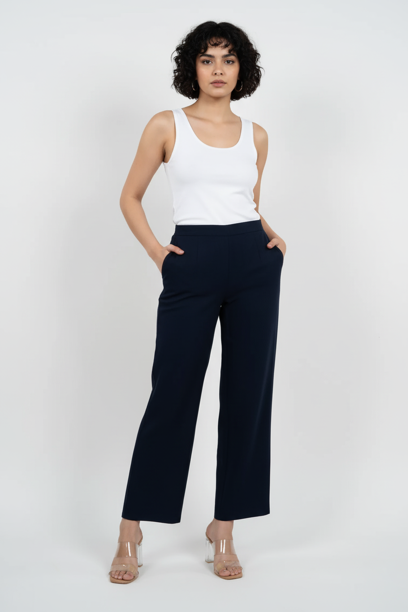 Navy Blue Women Wide Leg Cotton Pant