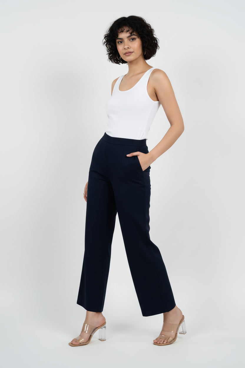 Navy Blue Women Wide Leg Cotton Pant