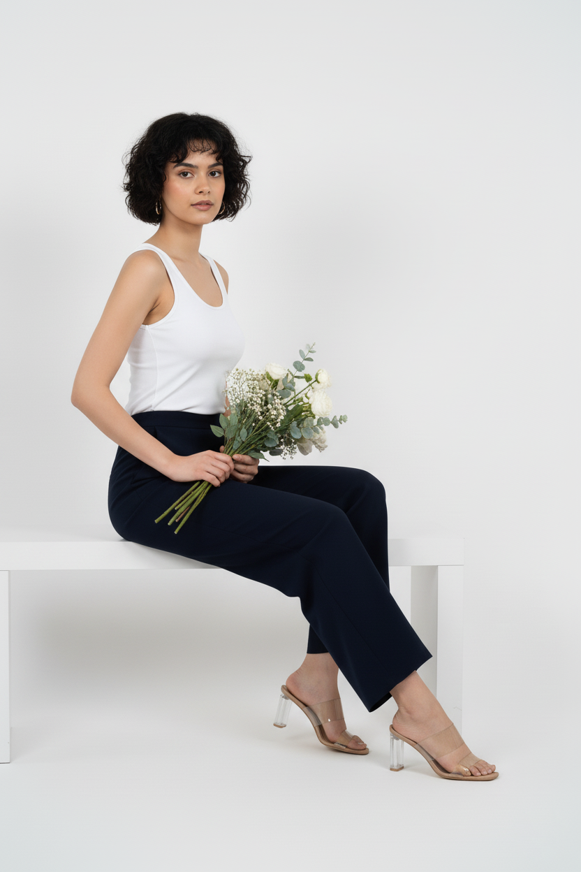 Navy Blue Women Wide Leg Cotton Pant