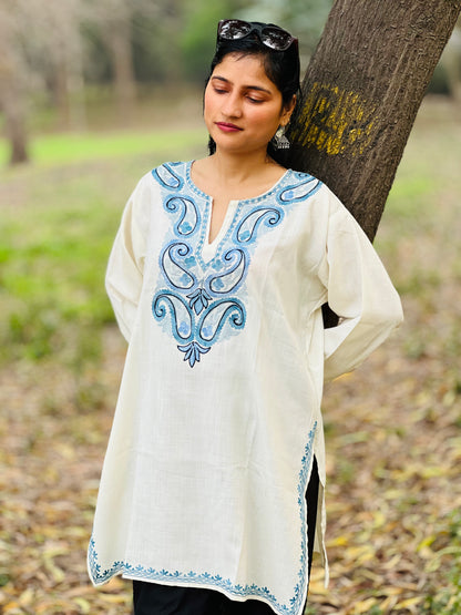  Off White With Blue Cotton Straight Kurti For Women