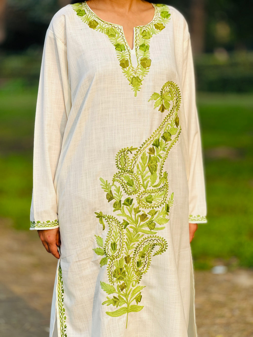 Off White with Green Embroidered  Cotton Straight Kurti 