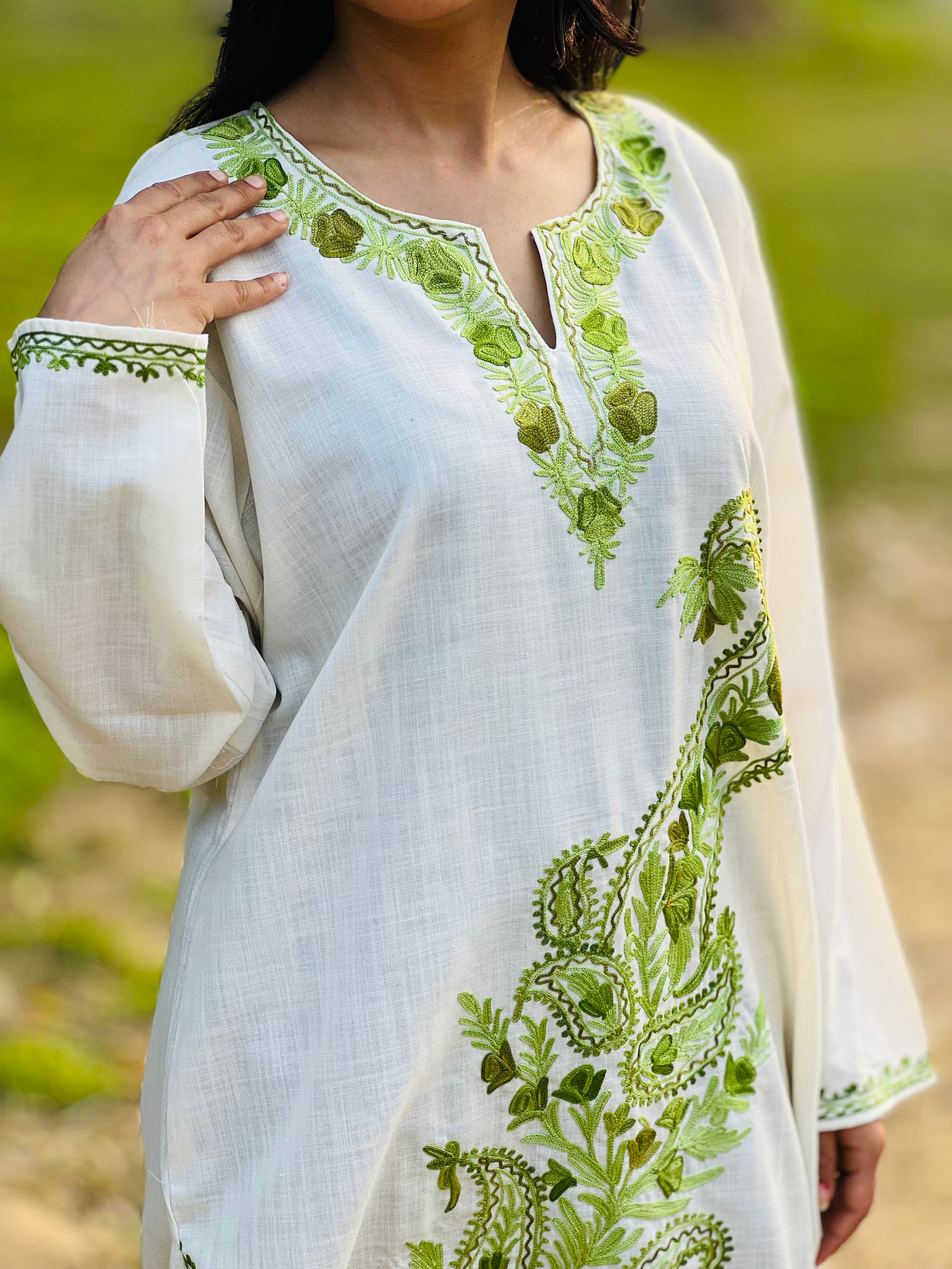  Off White with Green Embroidered  Cotton Straight Kurti For Women