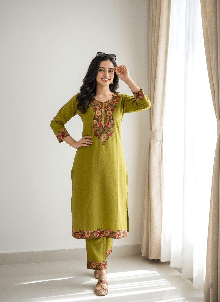 Olive Flora Aari Kashmiri Coord Set