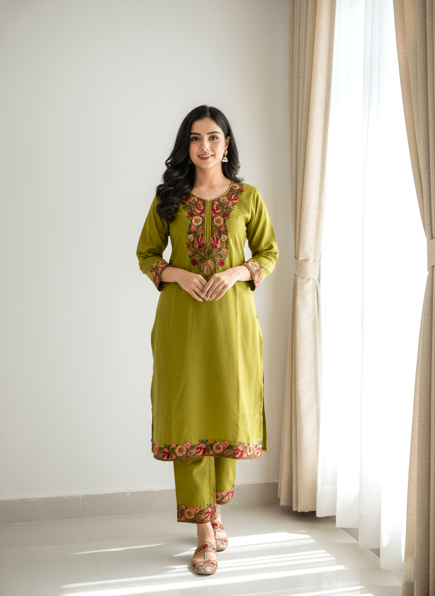 Olive Flora Aari Kashmiri Coord Set