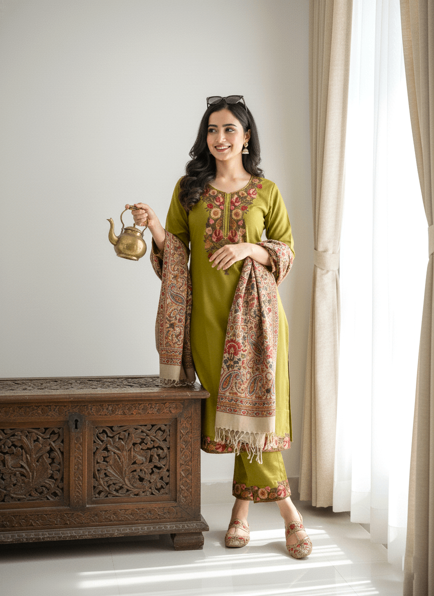 Olive Flora Aari Kashmiri Coord Set