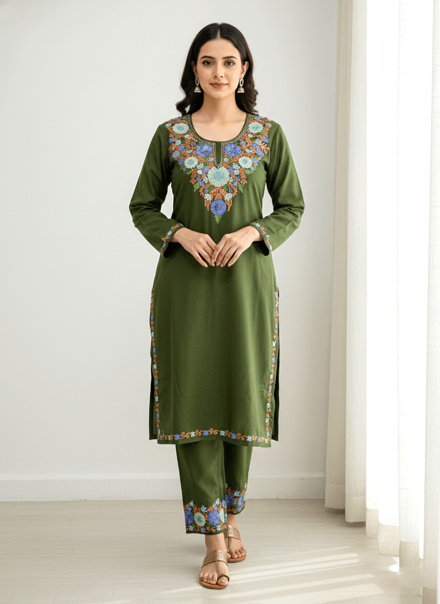 Olive Green Floral Aari Embroidered Kashmiri Co-ord set