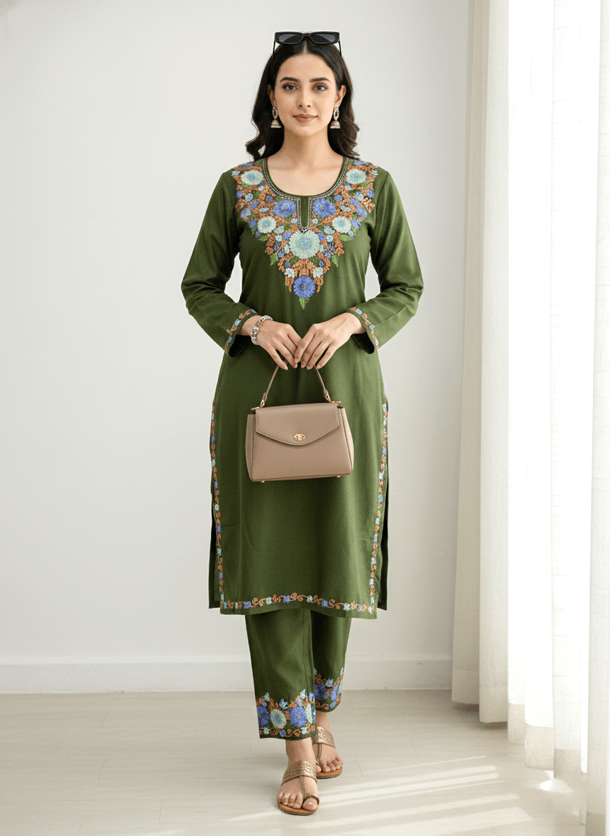 Olive Green Floral Aari Embroidered Kashmiri Co-ord set