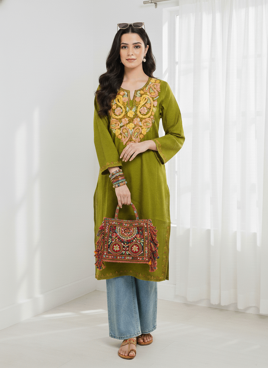Olive Green Embroidered Kashmiri Pheran