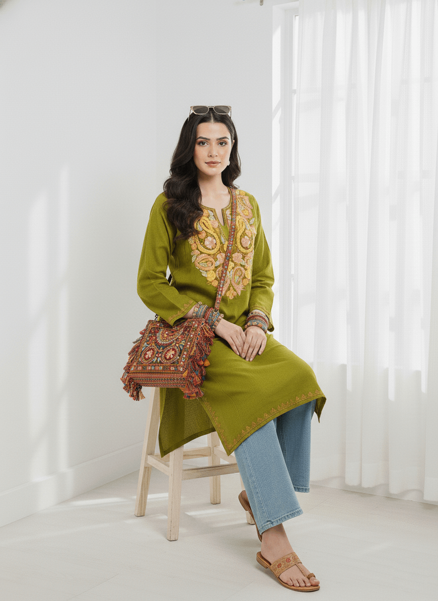 Olive Green Embroidered Kashmiri Pheran